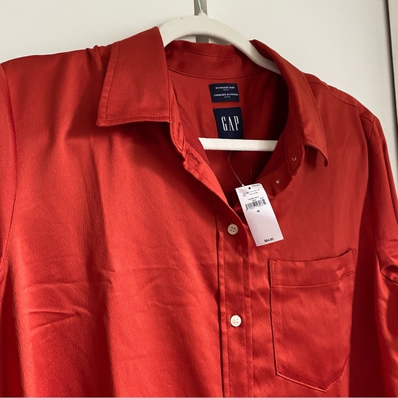 Satin Boyfriend Button Down Shirt Preppy Orange M Workwear Business Casual - Picture 2 of 7